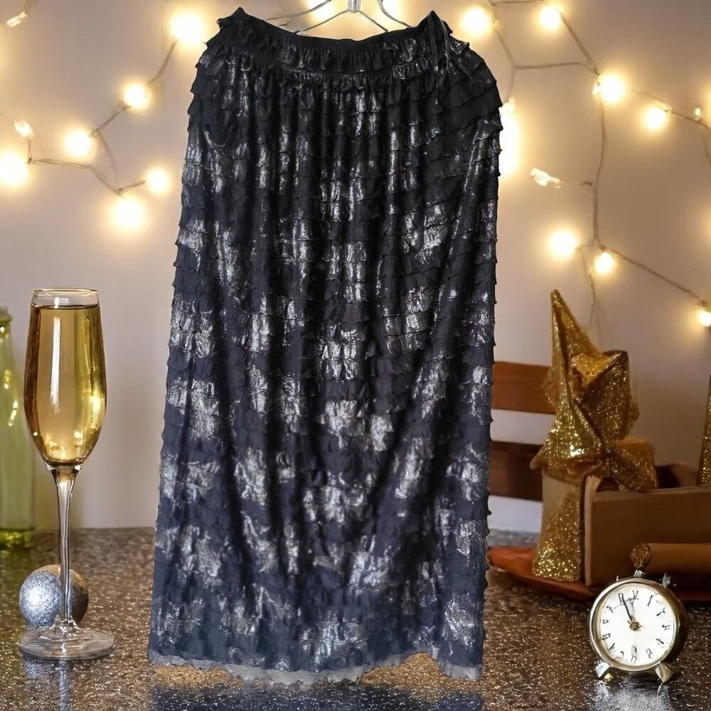SANA HASHMAT COUTURE Black Metallic Tiered Maxi Skirt High Waisted- One Size